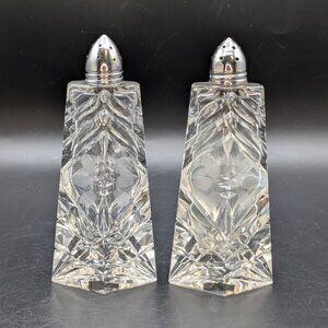 Vintage Cut Crystal Etched Salt and Pepper Shaker Set With Metal Caps 5.5"